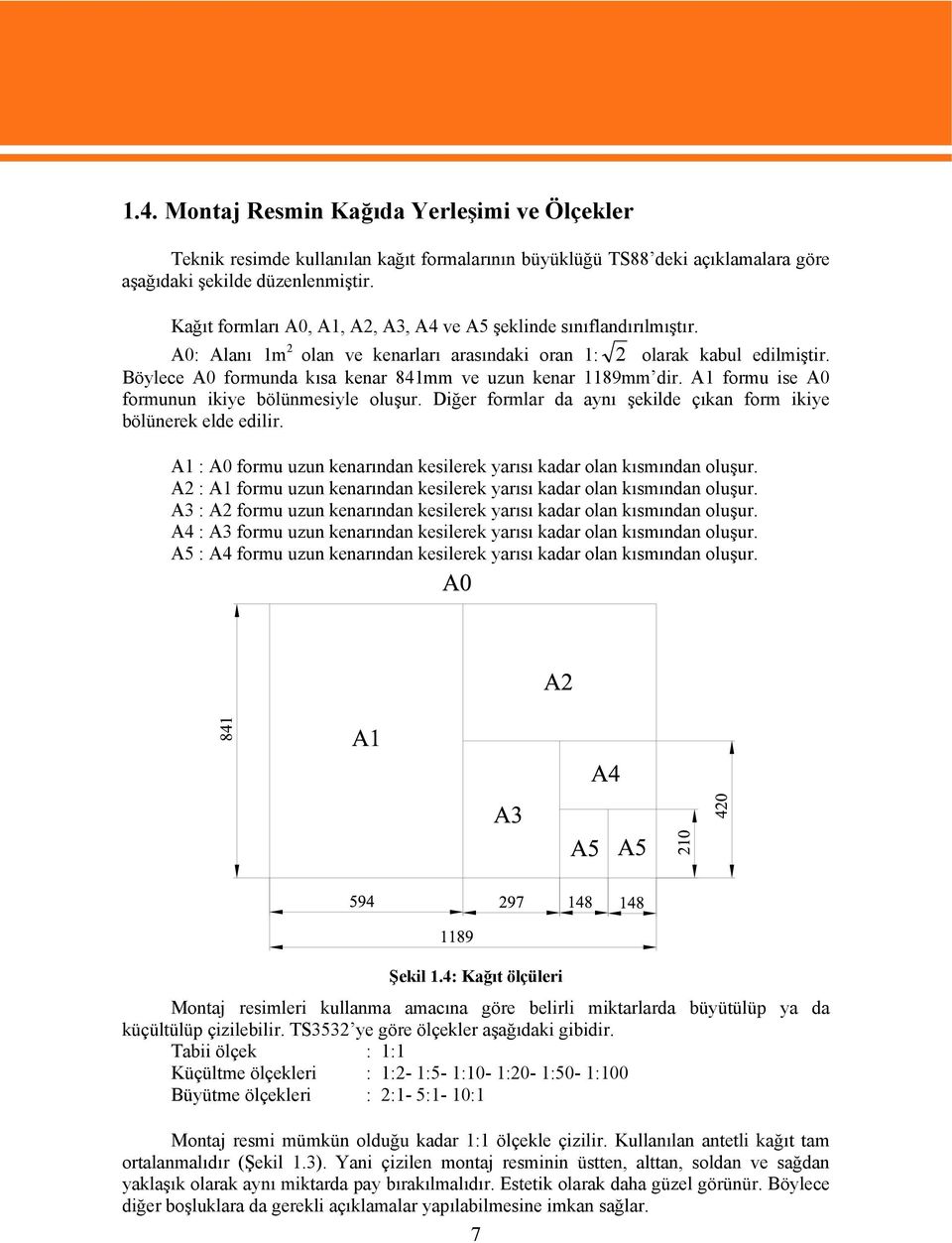 Böylece A0 formunda kısa kenar 841mm ve uzun kenar 1189mm dir. A1 formu ise A0 formunun ikiye bölünmesiyle oluşur. Diğer formlar da aynı şekilde çıkan form ikiye bölünerek elde edilir.