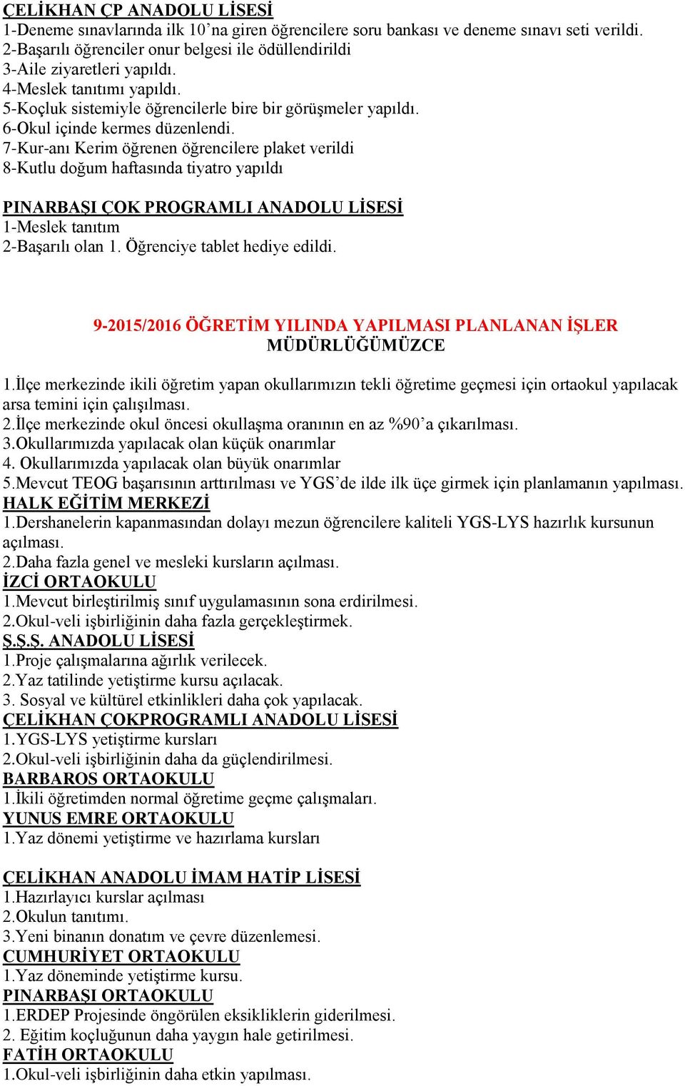 6-Okul içinde kermes düzenlendi. 7-Kur-anı Kerim öğrenen öğrencilere plaket verildi 8-Kutlu doğum haftasında tiyatro yapıldı PINARBAŞI ÇOK PROGRAMLI ANADOLU LİSESİ 1-Meslek tanıtım 2-Başarılı olan 1.