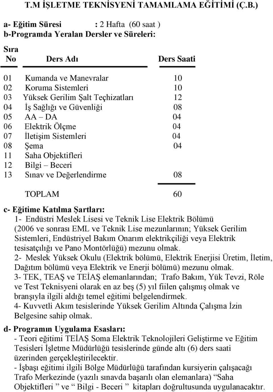 08 05 AA DA 04 06 Elektrik Ölçme 04 07 ĠletiĢim Sistemleri 04 08 ġema 04 11 Saha Objektifleri 12 Bilgi Beceri 13 Sınav ve Değerlendirme 08 TOPLAM 60 1- Endüstri Meslek Lisesi ve Teknik Lise Elektrik