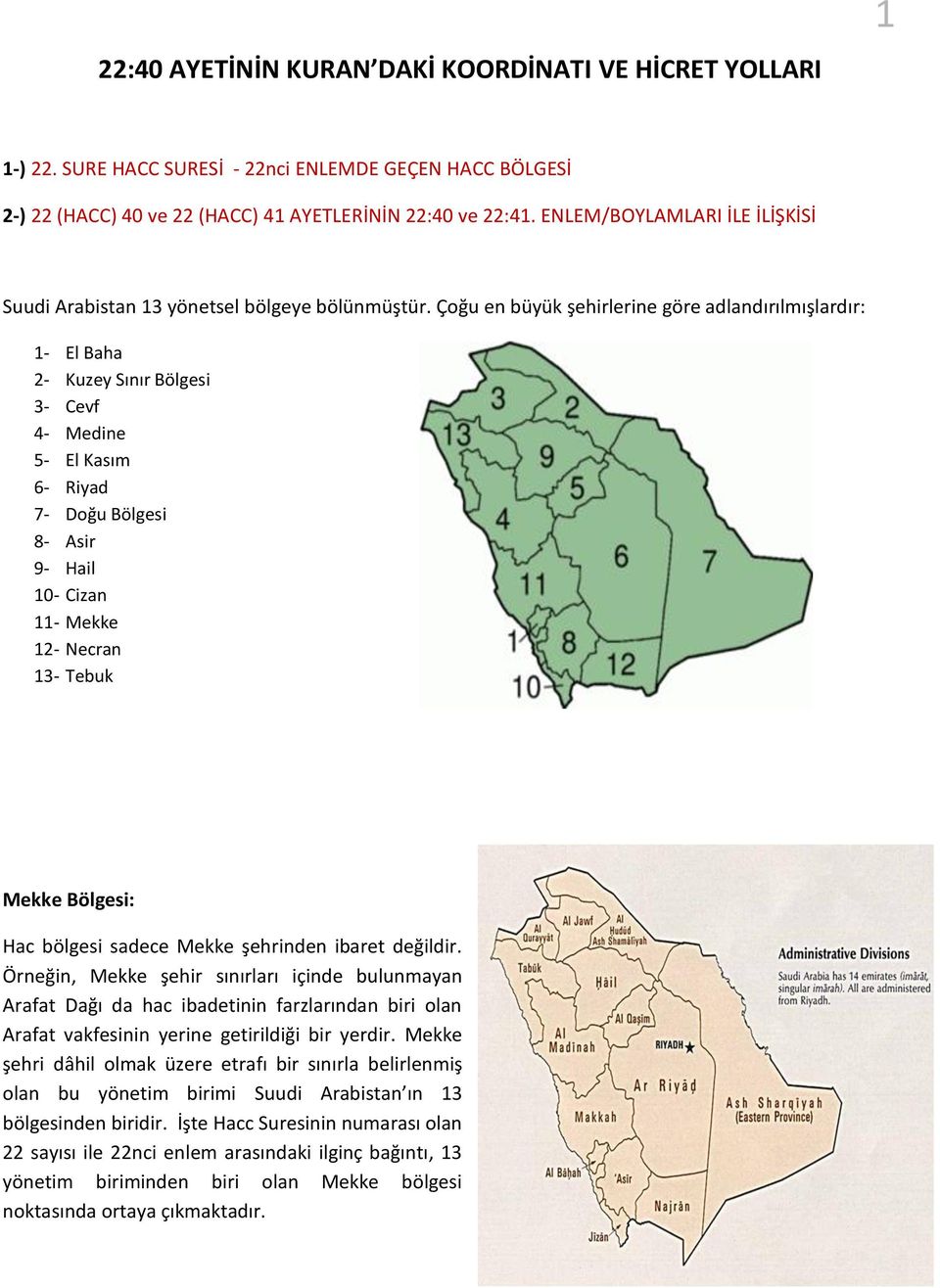 Çoğu en büyük şehirlerine göre adlandırılmışlardır: 1- El Baha 2- Kuzey Sınır Bölgesi 3- Cevf 4- Medine 5- El Kasım 6- Riyad 7- Doğu Bölgesi 8- Asir 9- Hail 10- Cizan 11- Mekke 12- Necran 13- Tebuk