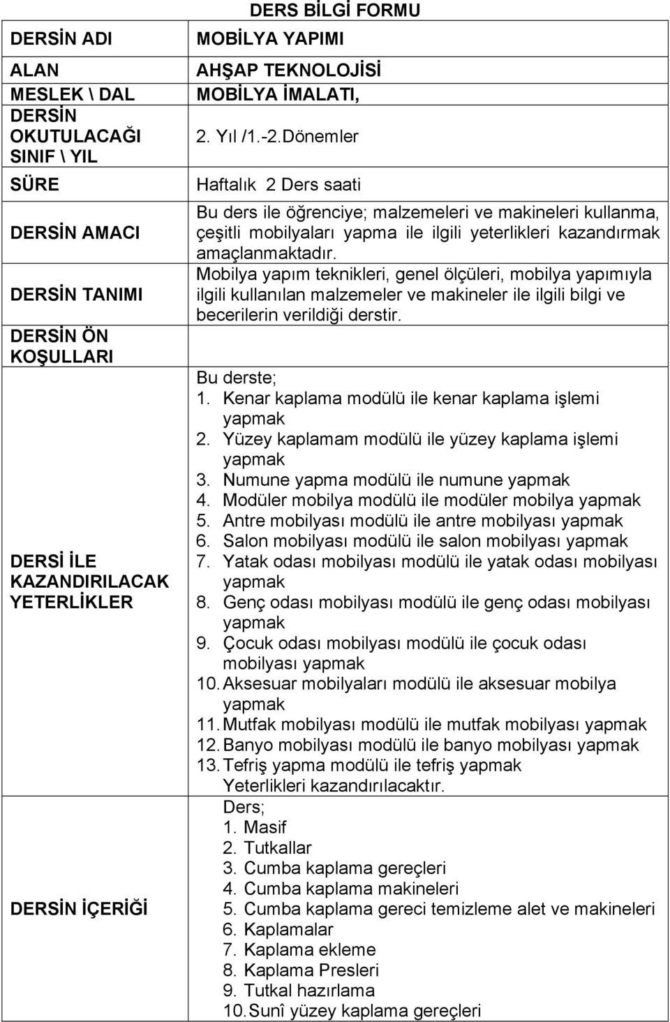 Dönemler Haftalık 2 Ders saati Bu ders ile öğrenciye; malzemeleri ve makineleri kullanma, çeşitli mobilyaları yapma ile ilgili yeterlikleri kazandırmak amaçlanmaktadır.