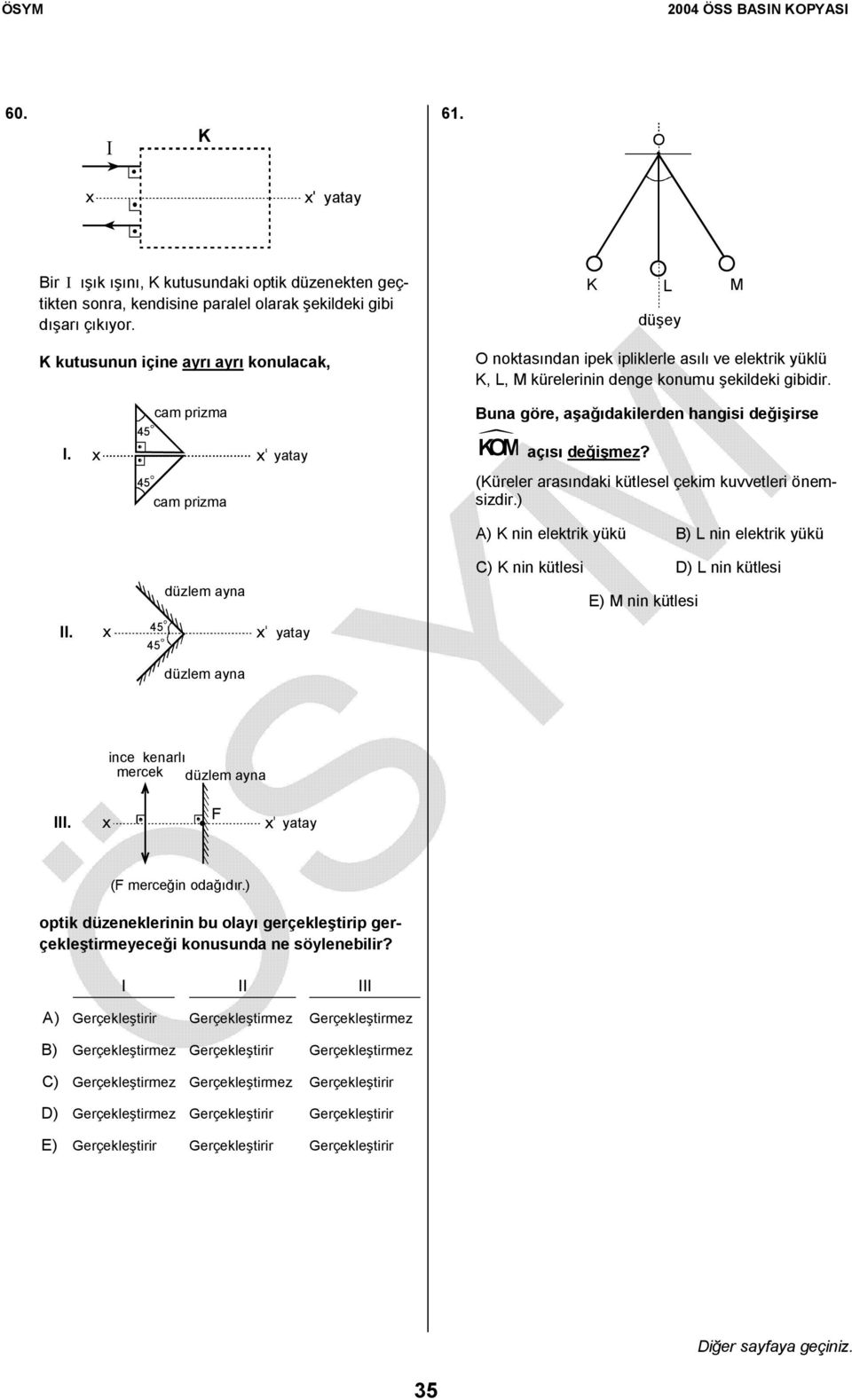 cm prizm (üreler rsndki kütlesel çekim kuvvetleri önemsizdir.) A) nin elektrik yükü B) L nin elektrik yükü C) nin kütlesi D) L nin kütlesi düzlem yn E) M nin kütlesi II.