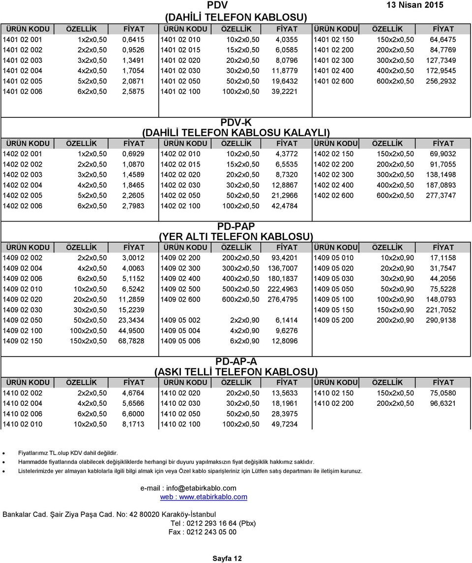 1401 02 005 5x2x0,50 2,0871 1401 02 050 50x2x0,50 19,6432 1401 02 600 600x2x0,50 256,2932 1401 02 006 6x2x0,50 2,5875 1401 02 100 100x2x0,50 39,2221 PDV-K (DAHİLİ TELEFON KABLOSU KALAYLI) 1402 02 001