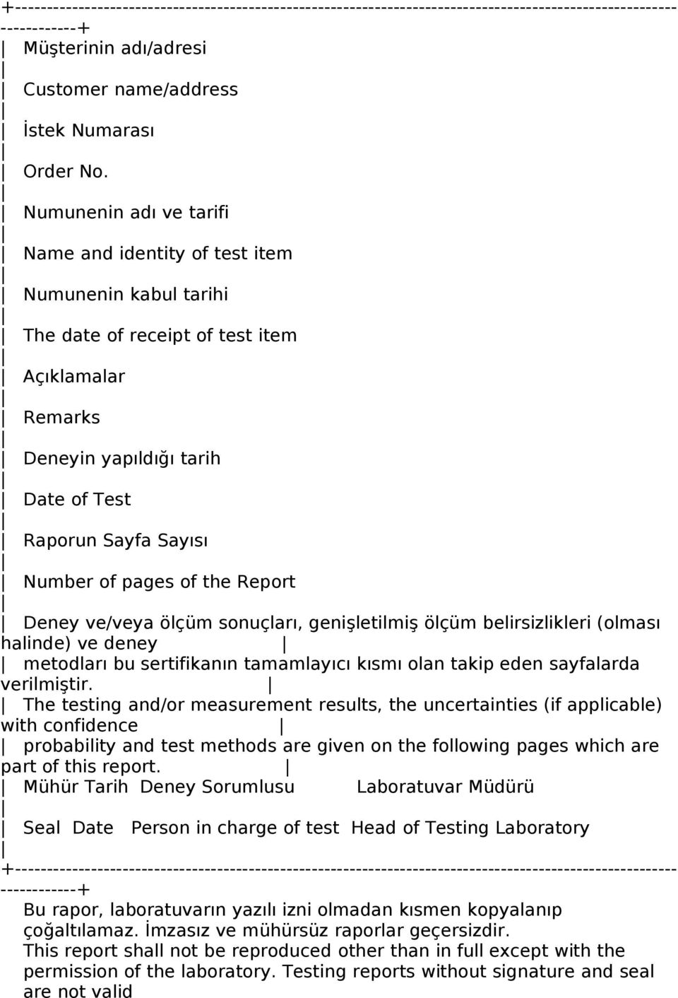 pages of the Report Deney ve/veya ölçüm sonuçları, genişletilmiş ölçüm belirsizlikleri (olması halinde) ve deney metodları bu sertifikanın tamamlayıcı kısmı olan takip eden sayfalarda verilmiştir.