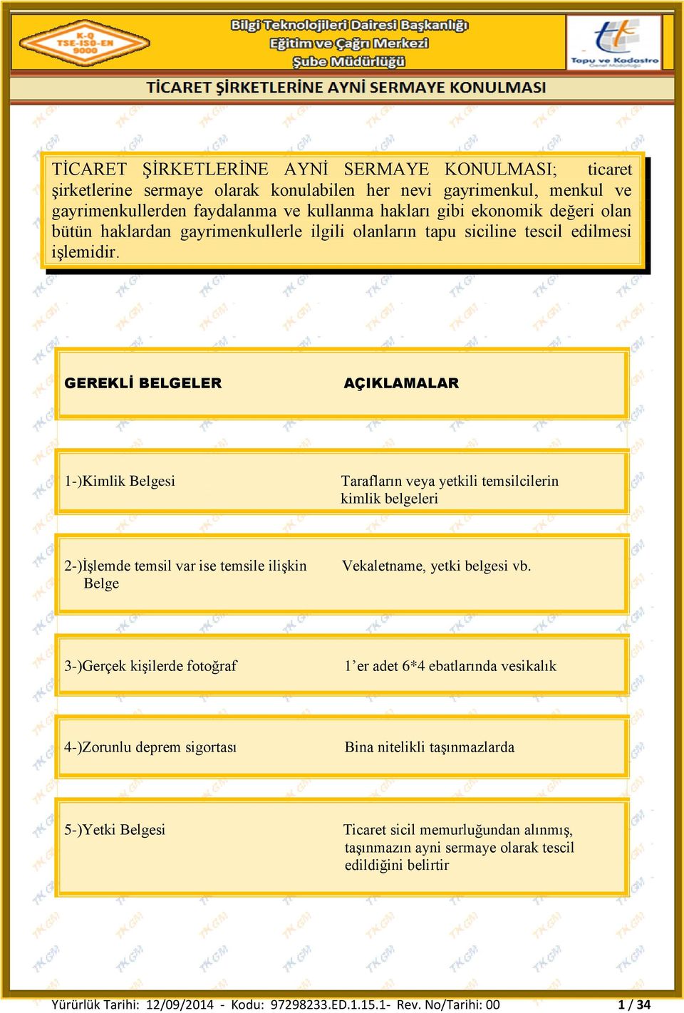 GEREKLİ BELGELER AÇIKLAMALAR 1-)Kimlik Belgesi Tarafların veya yetkili temsilcilerin kimlik belgeleri 2-)İşlemde temsil var ise temsile ilişkin Belge Vekaletname, yetki belgesi vb.