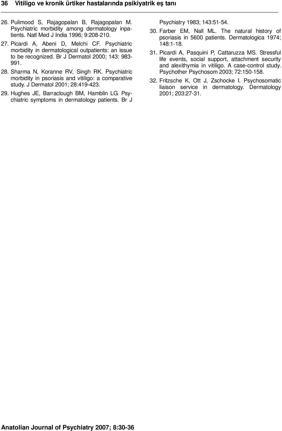 Psychiatric morbidity in psoriasis and vitiligo: a comparative study. J Dermatol 2001; 28:419-423. 29. Hughes JE, Barraclough BM, Hamblin LG. Psychiatric symptoms in dermatology patients.