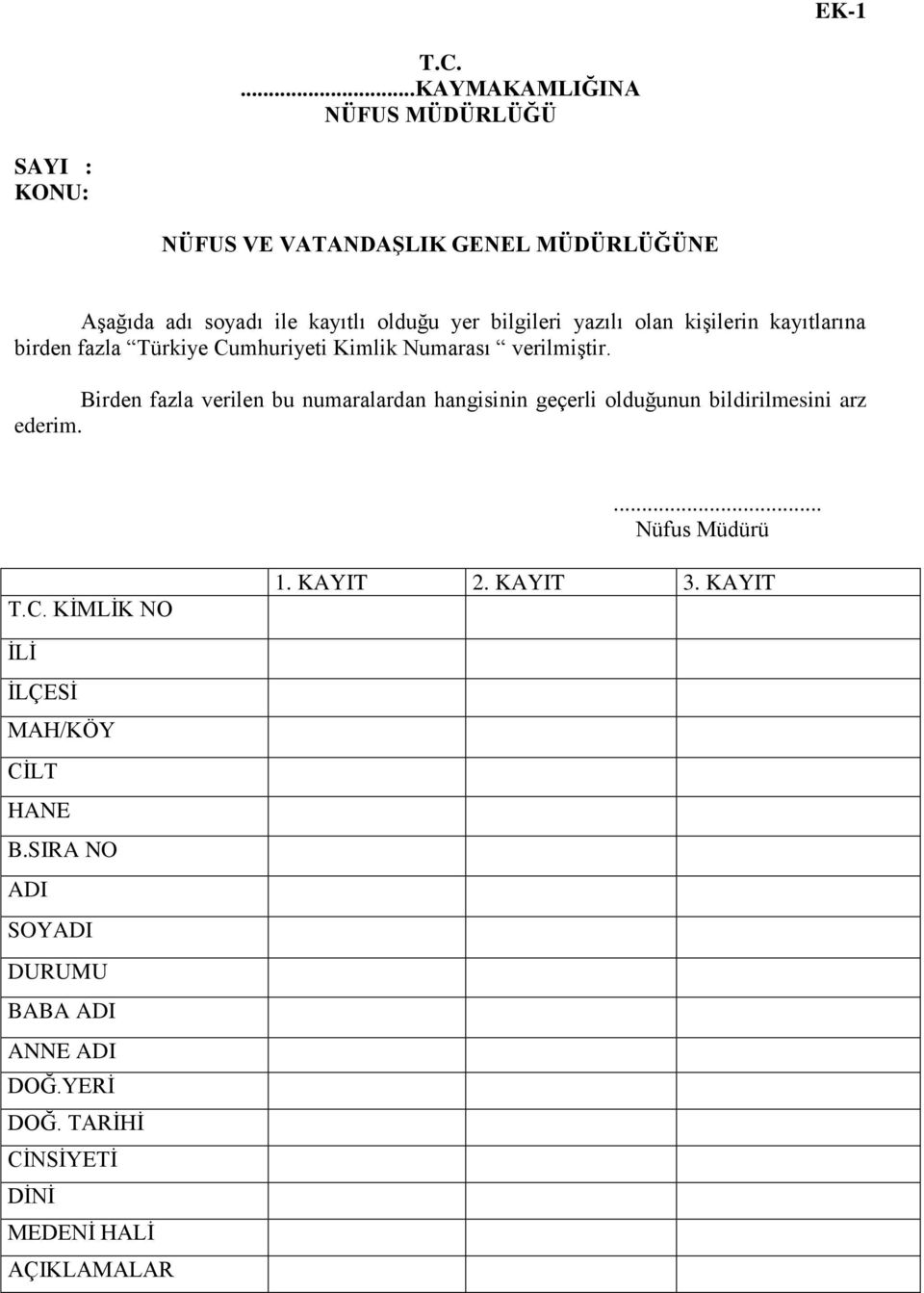 bilgileri yazılı olan kişilerin kayıtlarına birden fazla Türkiye Cumhuriyeti Kimlik Numarası verilmiştir.