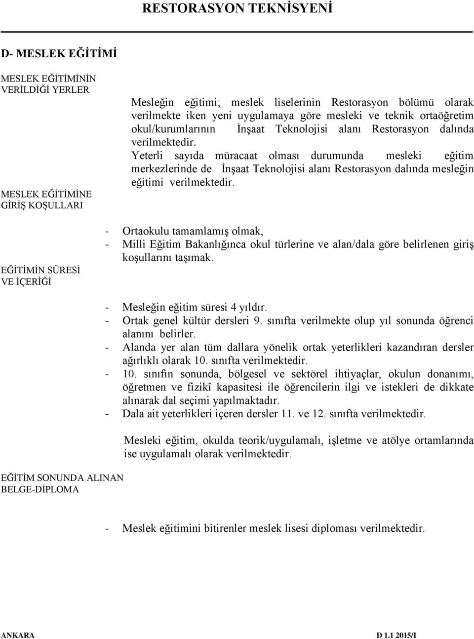 Yeterli sayıda müracaat olması durumunda mesleki eğitim merkezlerinde de İnşaat Teknolojisi alanı Restorasyon dalında mesleğin eğitimi verilmektedir.