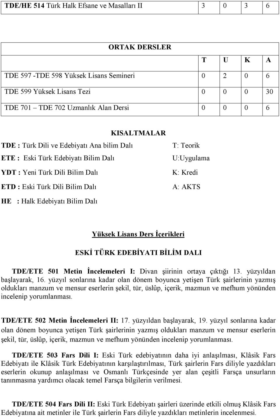 : Halk Edebiyatı Bilim Dalı Yüksek Lisans Ders İçerikleri ESKİ TÜRK EDEBİYATI BİLİM DALI TDE/ETE 501 Metin İncelemeleri I: Divan şiirinin ortaya çıktığı 13. yüzyıldan başlayarak, 16.