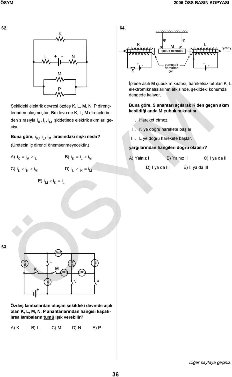 ) A) i = i < i B) i = i < i C) i < i < i D) i < i = i İplerle asılı çubuk mıknatısı, hareketsiz tutulan, elektromıknatıslarının etkisinde, şekildeki konumda dengede kalıyor.