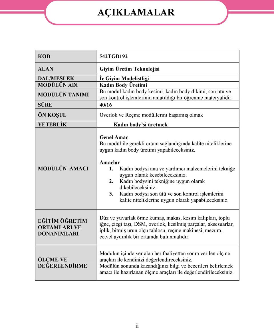 SÜRE 40/16 ÖN KOŞUL YETERLİK Overlok ve Reçme modüllerini başarmış olmak Kadın body si üretmek Genel Amaç Bu modül ile gerekli ortam sağlandığında kalite niteliklerine uygun kadın body üretimi