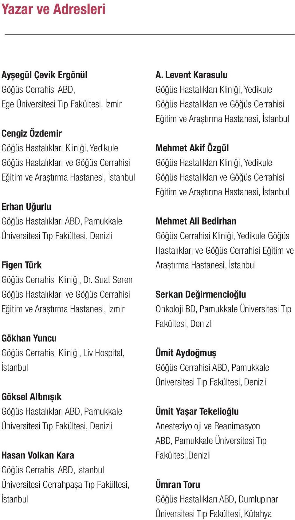 Suat Seren Eğitim ve Araştırma Hastanesi, İzmir Gökhan Yuncu Göğüs Cerrahisi Kliniği, Liv Hospital, İstanbul Göksel Altınışık Göğüs Hastalıkları ABD, Pamukkale Üniversitesi Tıp Fakültesi, Denizli