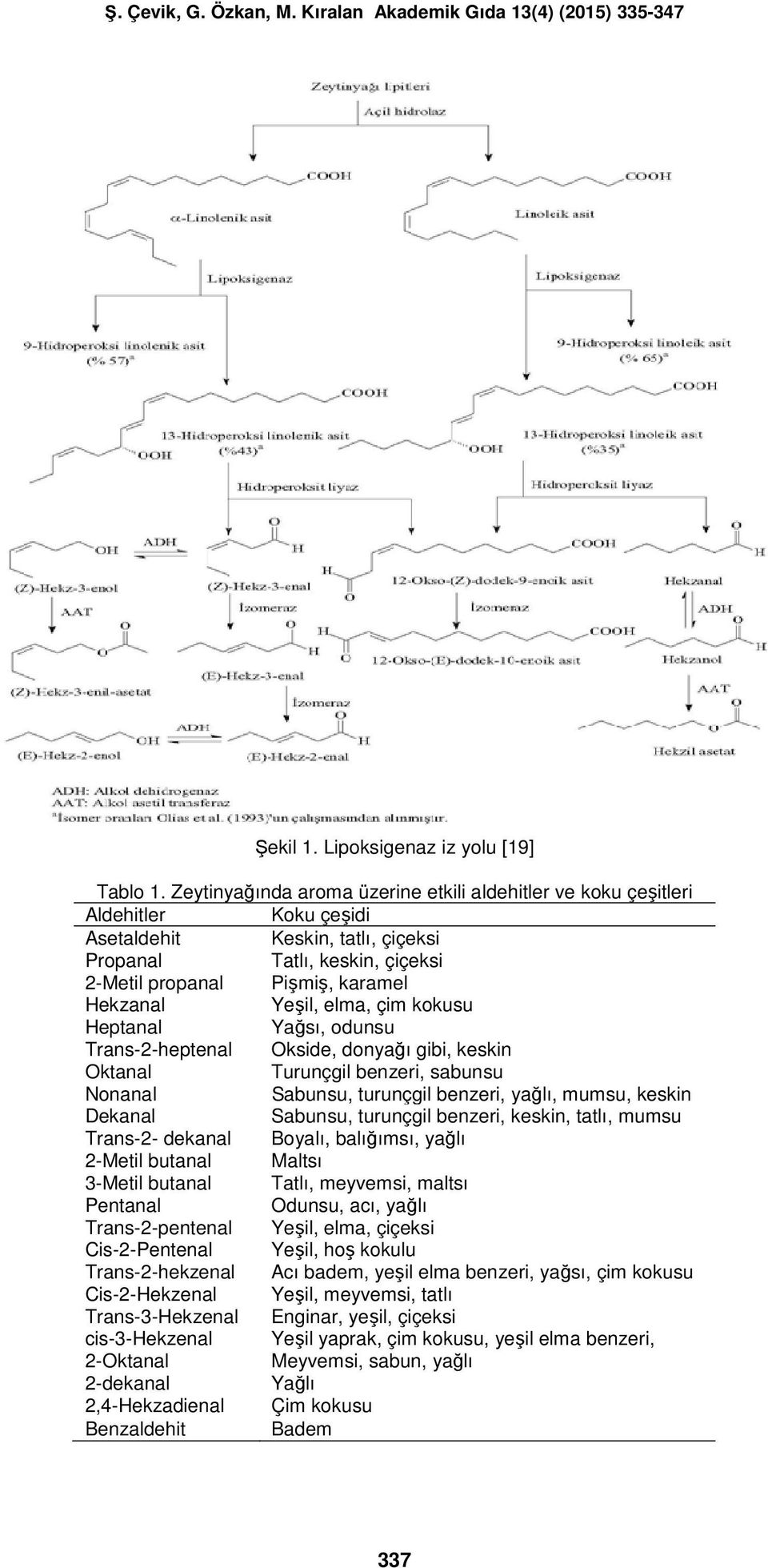 Yeşil, elma, çim kokusu Heptanal Yağsı, odunsu Trans-2-heptenal Okside, donyağı gibi, keskin Oktanal Turunçgil benzeri, sabunsu Nonanal Sabunsu, turunçgil benzeri, yağlı, mumsu, keskin Dekanal