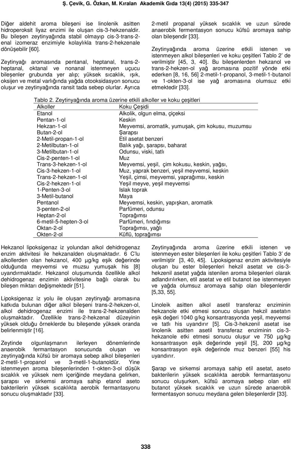 Zeytinyağı aromasında pentanal, heptanal, trans-2- heptanal, oktanal ve nonanal istenmeyen uçucu bileşenler grubunda yer alıp; yüksek sıcaklık, ışık, oksijen ve metal varlığında yağda otooksidasyon