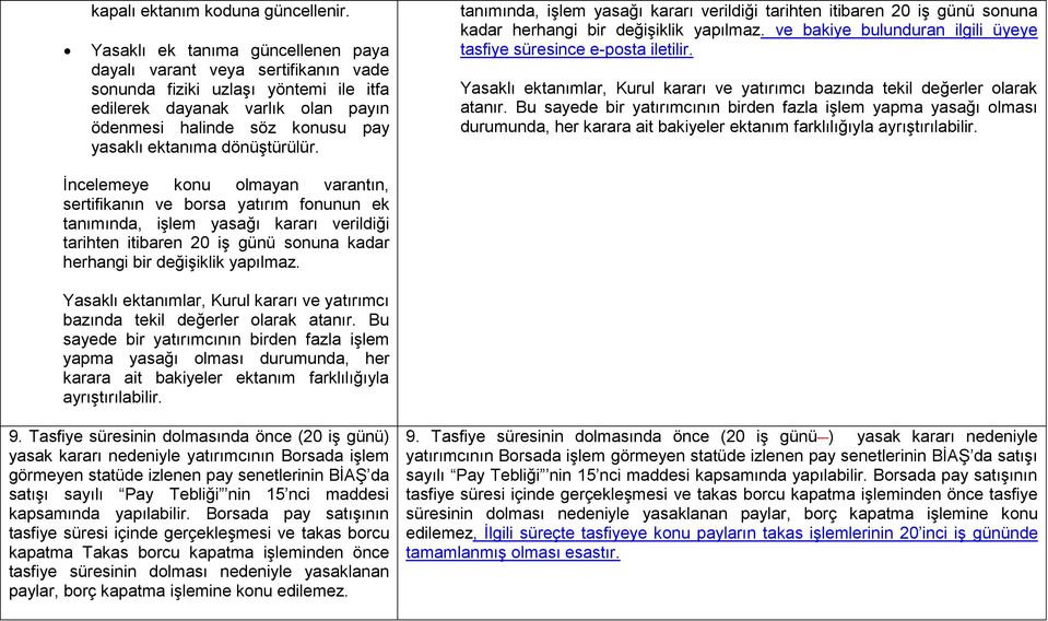 dönüştürülür. tanımında, işlem yasağı kararı verildiği tarihten itibaren 20 iş günü sonuna kadar herhangi bir değişiklik yapılmaz. ve bakiye bulunduran ilgili üyeye tasfiye süresince e-posta iletilir.