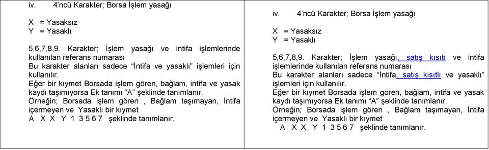 Eğer bir kıymet Borsada işlem gören, bağlam, intifa ve yasak kaydı taşımıyorsa Ek tanımı A şeklinde tanımlanır.