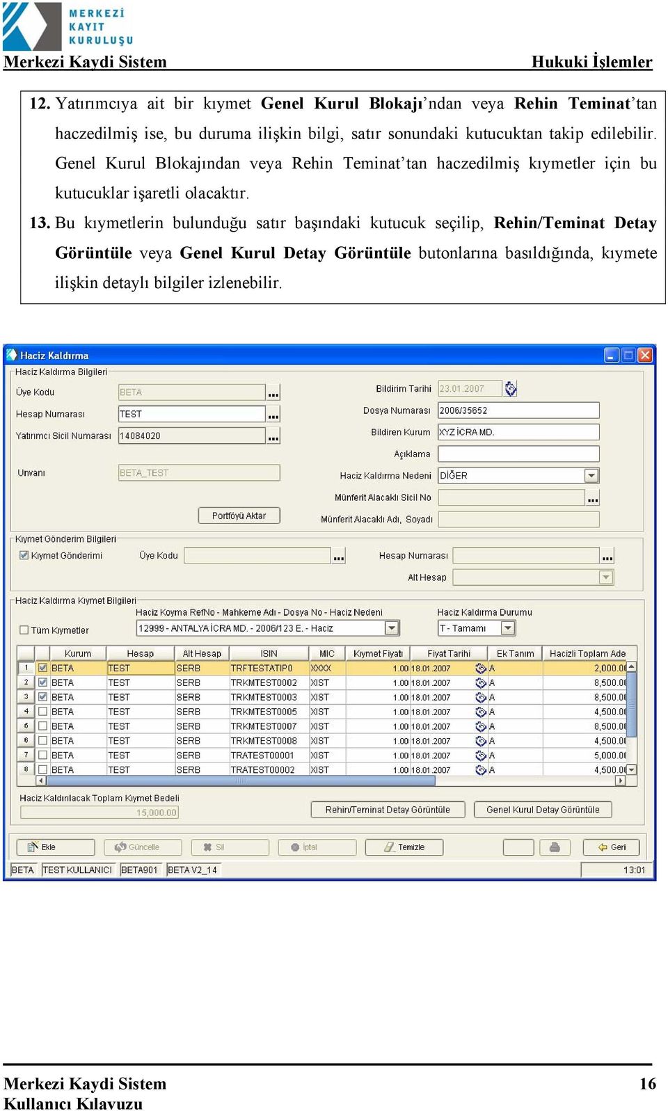 Genel Kurul Blokajından veya Rehin Teminat tan haczedilmiş kıymetler için bu kutucuklar işaretli olacaktır. 13.