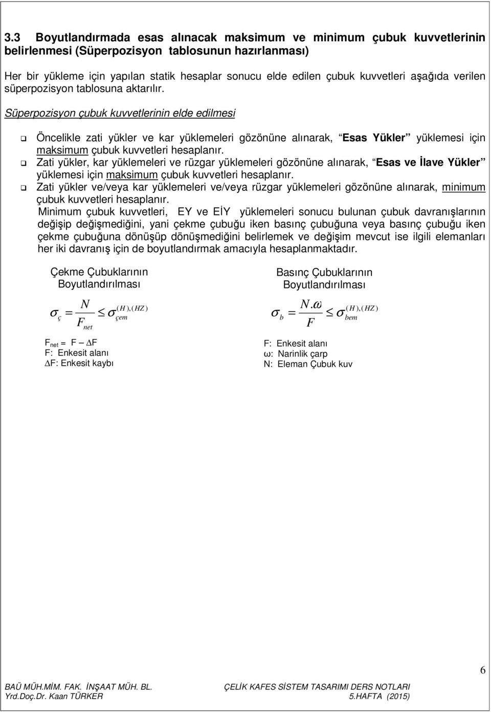 Süperpozisyon çubuk kuvvetlerinin elde edilmesi Öncelikle zati yükler ve kar yüklemeleri gözönüne alınarak, Esas Yükler yüklemesi için maksimum çubuk kuvvetleri hesaplanır.