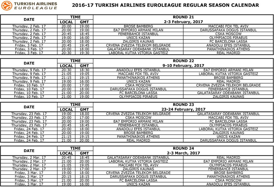 17 20:45 19:45 CRVENA ZVEZDA TELEKOM BELGRADE ANADOLU EFES ISTANBUL Friday, 3 Feb. 17 20:00 18:00 GALATASARAY ODEABANK ISTANBUL PANATHINAIKOS ATHENS Friday, 3 Feb.