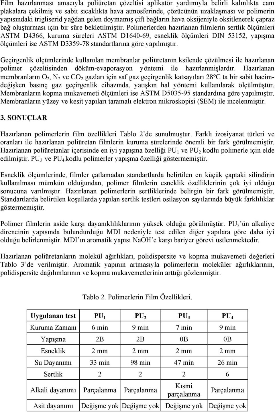 Polimerlerden hazırlanan filmlerin sertlik ölçümleri ASTM D4366, kuruma süreleri ASTM D1640-69, esneklik ölçümleri DIN 53152, yapışma ölçümleri ise ASTM D3359-78 standartlarına göre yapılmıştır.