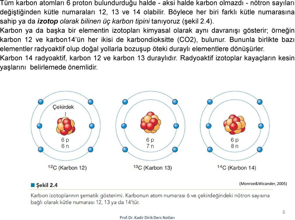 Karbon ya da başka bir elementin izotopları kimyasal olarak aynı davranışı gösterir; örneğin karbon 12 ve karbon14 ün her ikisi de karbondioksitte (CO2), bulunur.