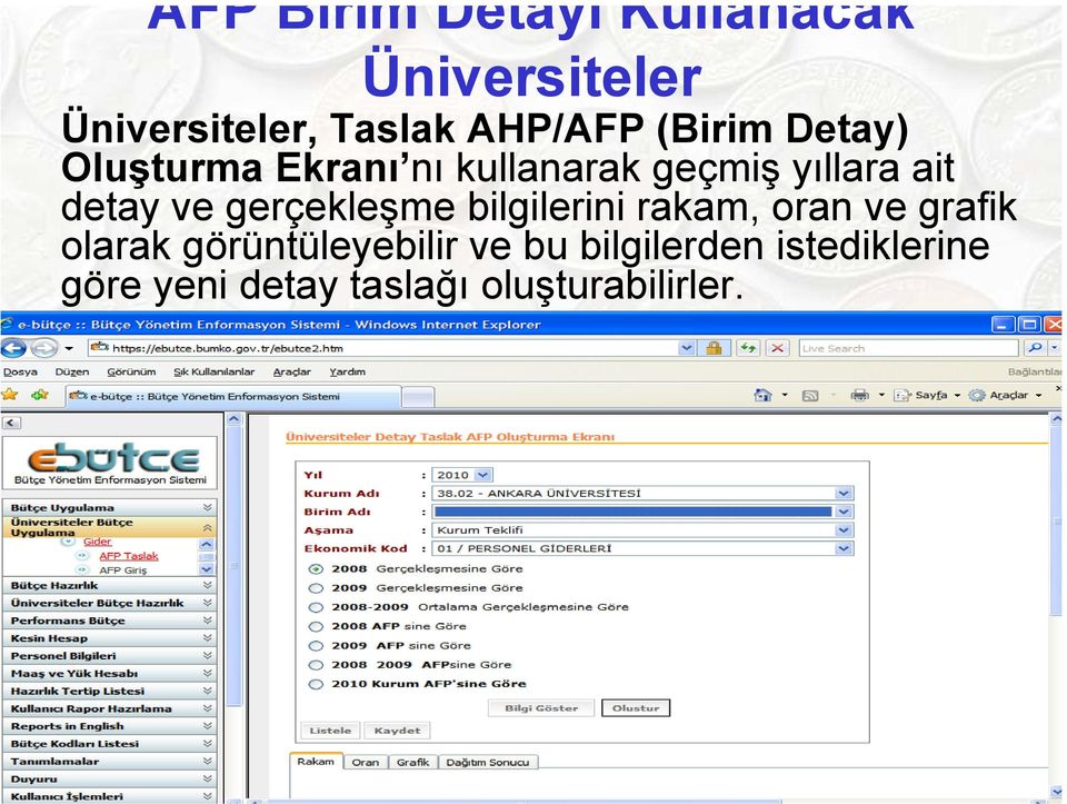 ve gerçekleşme bilgilerini rakam, oran ve grafik olarak