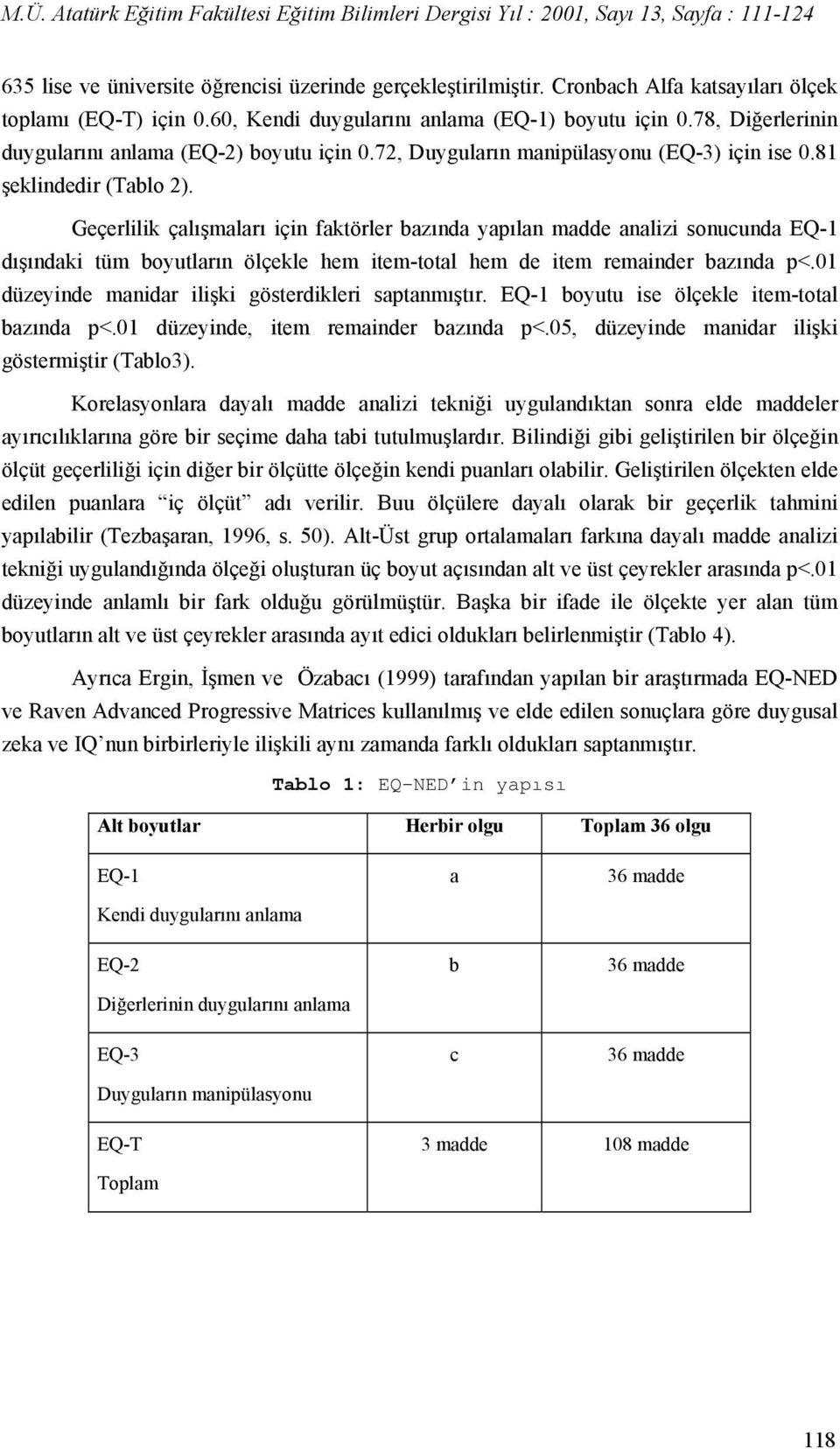 Geçerlilik çalışmaları için faktörler bazında yapılan madde analizi sonucunda EQ-1 dışındaki tüm boyutların ölçekle hem item-total hem de item remainder bazında p<.