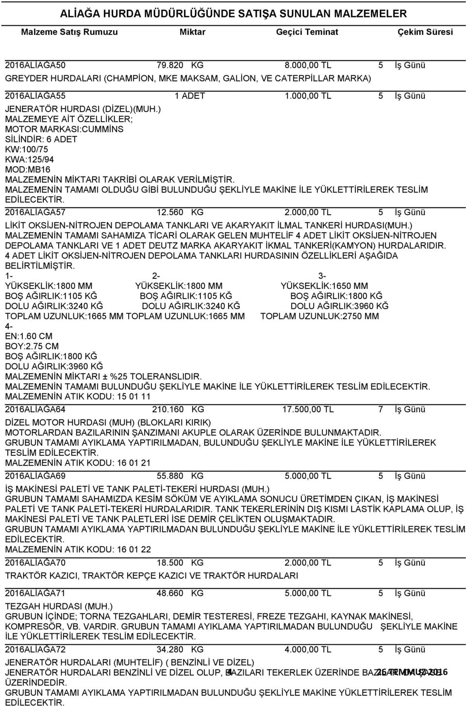 MALZEMENİN TAMAMI OLDUĞU GİBİ BULUNDUĞU ŞEKLİYLE MAKİNE İLE YÜKLETTİRİLEREK TESLİM 2016ALİAĞA57 12.560 KG LİKİT OKSİJEN-NİTROJEN DEPOLAMA TANKLARI VE AKARYAKIT İLMAL TANKERİ HURDASI(MUH.