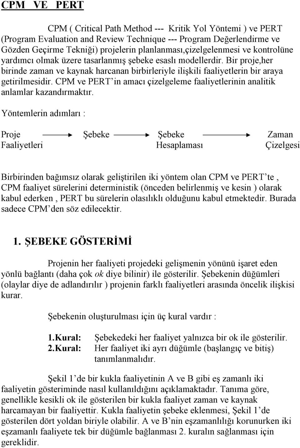 Bir proje,her birinde zaman ve kaynak harcanan birbirleriyle ilişkili faaliyetlerin bir araya getirilmesidir. CPM ve PERT in amacı çizelgeleme faaliyetlerinin analitik anlamlar kazandırmaktır.