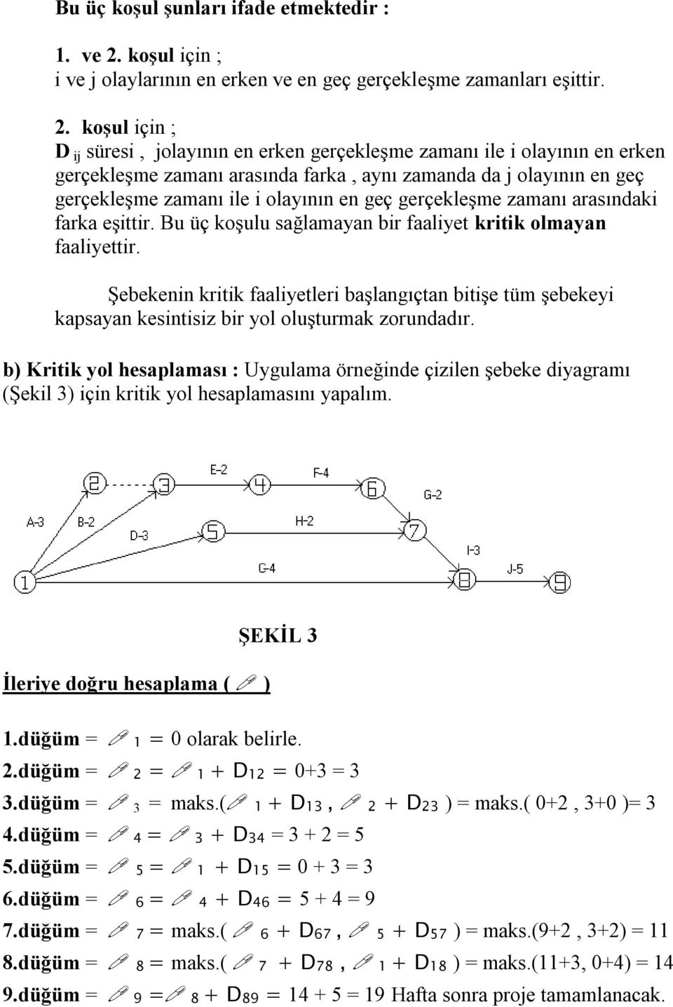 koşul için ; D ij süresi, jolayının en erken gerçekleşme zamanı ile i olayının en erken gerçekleşme zamanı arasında farka, aynı zamanda da j olayının en geç gerçekleşme zamanı ile i olayının en geç