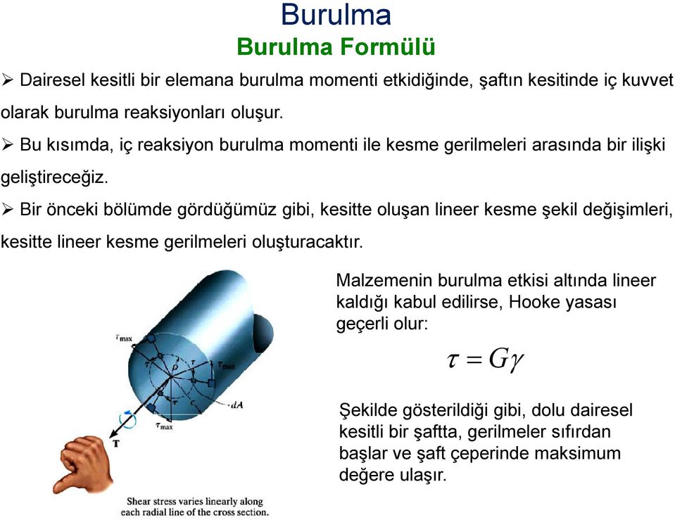 Bir önceki bölümde gördüğümüz gibi, kesitte oluşan lineer kesme şekil değişimleri, kesitte lineer kesme gerilmeleri oluşturacaktır.