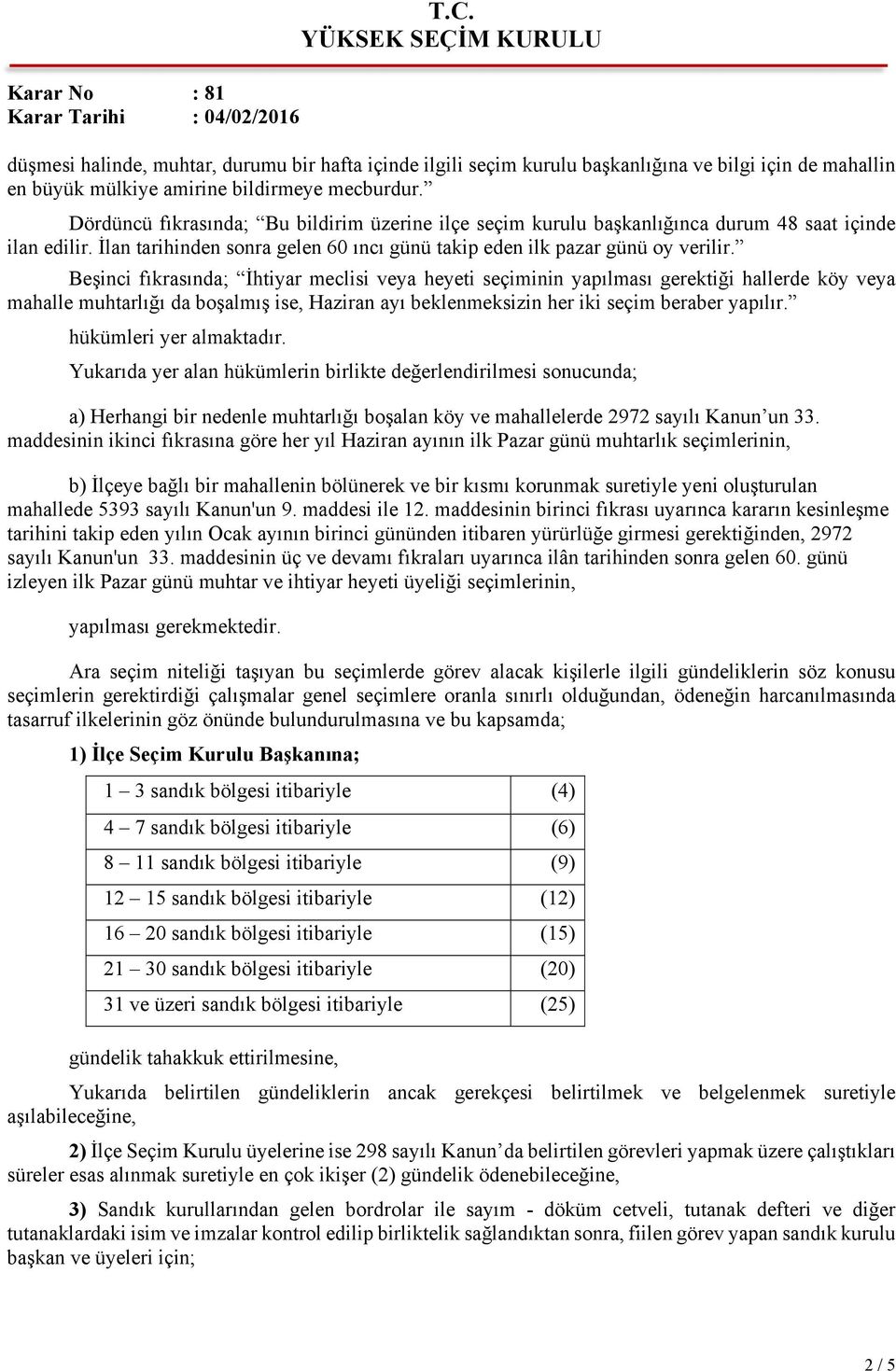 Beşinci fıkrasında; İhtiyar meclisi veya heyeti seçiminin yapılması gerektiği hallerde köy veya mahalle muhtarlığı da boşalmış ise, Haziran ayı beklenmeksizin her iki seçim beraber yapılır.