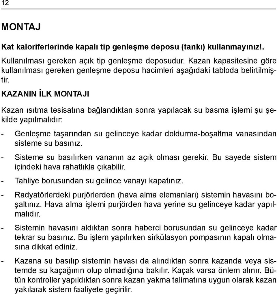 KAZANIN İLK MONTAJI Kazan ısıtma tesisatına bağlandıktan sonra yapılacak su basma işlemi şu şekilde yapılmalıdır: - Genleşme taşarından su gelinceye kadar doldurma-boşaltma vanasından sisteme su