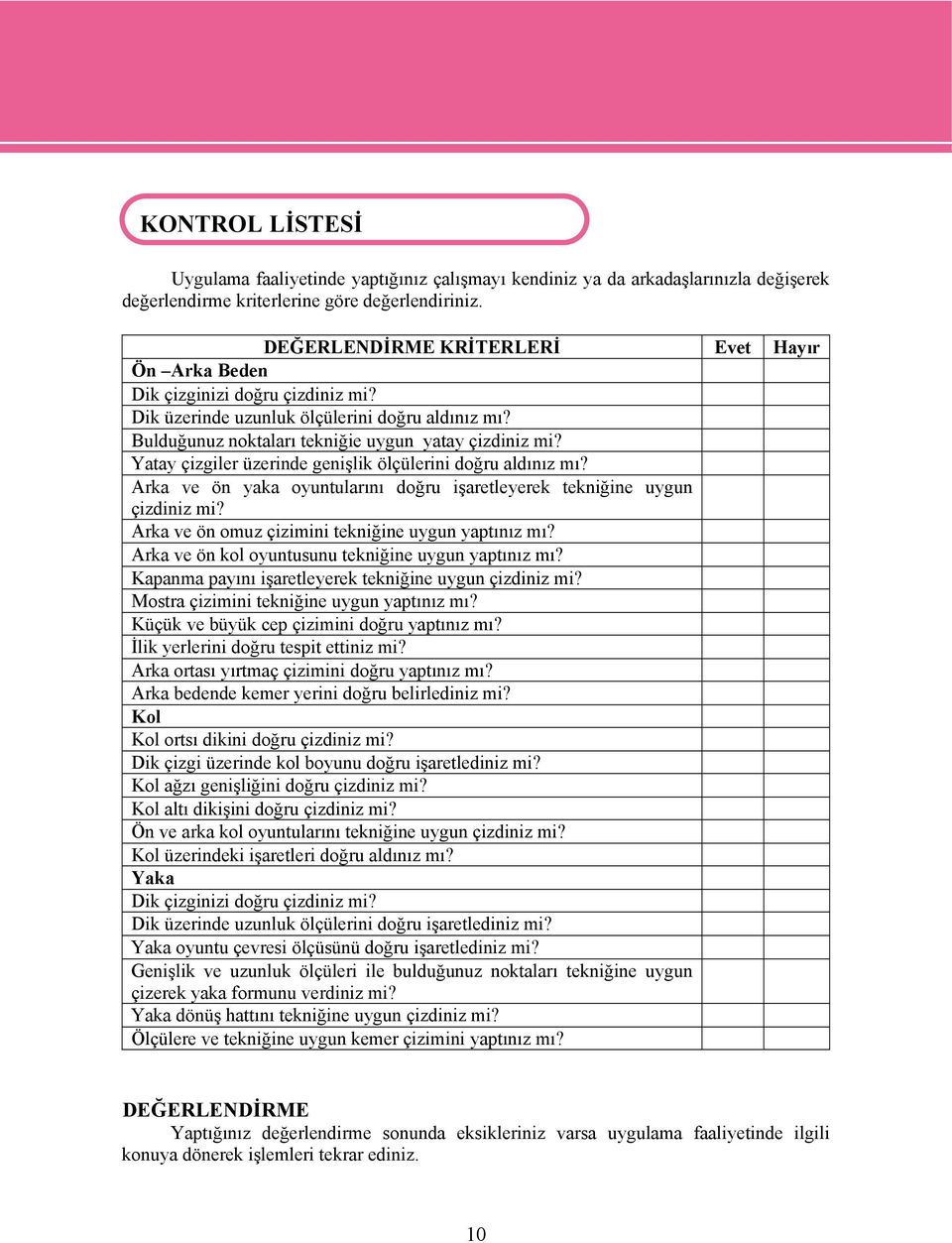 Yatay çizgiler üzerinde genişlik ölçülerini doğru aldınız mı? Arka ve ön yaka oyuntularını doğru işaretleyerek tekniğine uygun çizdiniz mi? Arka ve ön omuz çizimini tekniğine uygun yaptınız mı?