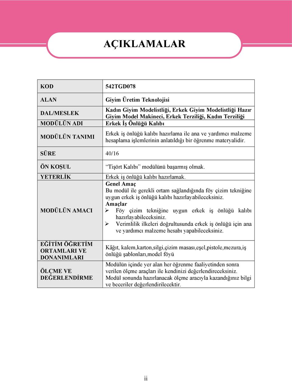 SÜRE 40/16 ÖN KOŞUL YETERLİK MODÜLÜN AMACI EĞİTİM ÖĞRETİM ORTAMLARI VE DONANIMLARI ÖLÇME VE DEĞERLENDİRME Tişört Kalıbı modülünü başarmış olmak. Erkek iş önlüğü kalıbı hazırlamak.