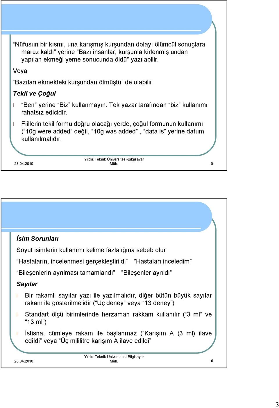 Fiillerin tekil formu doğru olacağı yerde, çoğul formunun kullanımı ( 10g were added değil, 10g was added, data is yerine datum kullanılmalıdır. Müh.