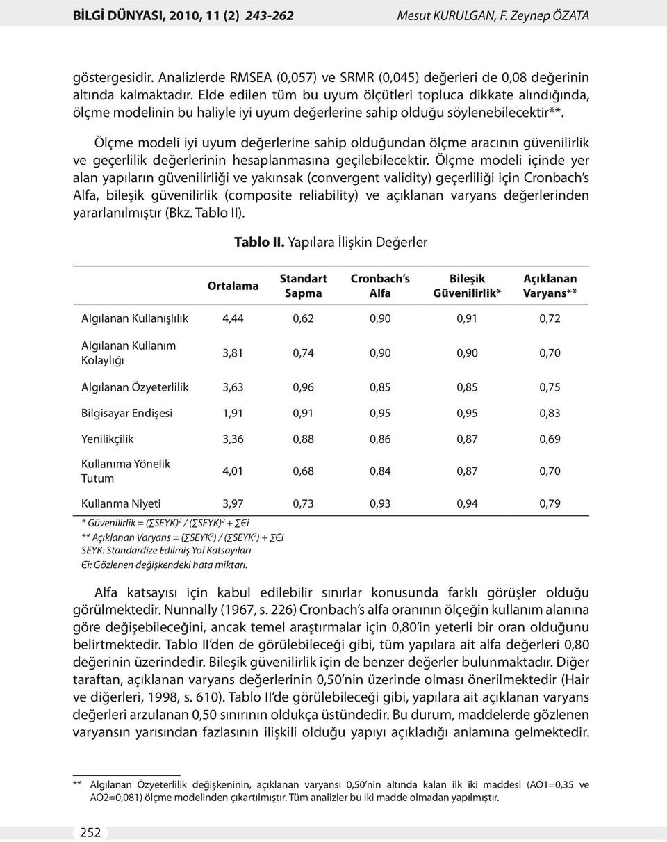 Ölçme modeli iyi uyum değerlerine sahip olduğundan ölçme aracının güvenilirlik ve geçerlilik değerlerinin hesaplanmasına geçilebilecektir.