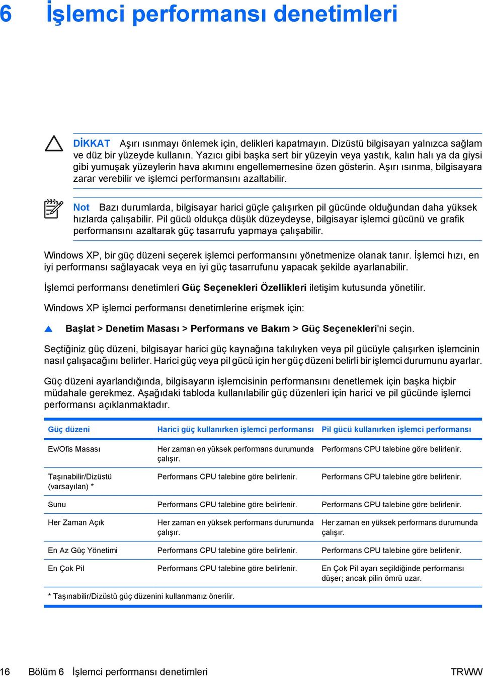 Aşırı ısınma, bilgisayara zarar verebilir ve işlemci performansını azaltabilir. Not Bazı durumlarda, bilgisayar harici güçle çalışırken pil gücünde olduğundan daha yüksek hızlarda çalışabilir.