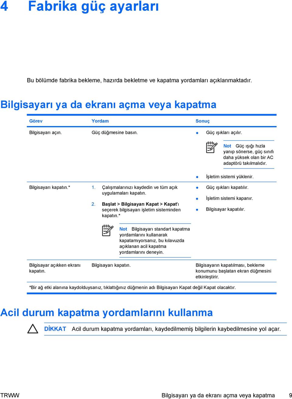 Çalışmalarınızı kaydedin ve tüm açık uygulamaları kapatın. 2. Başlat > Bilgisayarı Kapat > Kapat'ı seçerek bilgisayarı işletim sisteminden kapatın.* İşletim sistemi yüklenir. Güç ışıkları kapatılır.