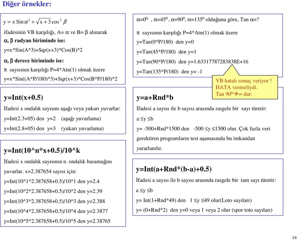 8+05) den y=3 (yukarı yuvarlama) y=int(10^n*x+0.5)/10^k İfadesi x ondalık sayısının n. ondalık basamağını yuvarlar. x=2.387654 sayısı için: y=int(10^1*2.387658+0.5)/10^1 den y=2.4 y=int(10^2*2.