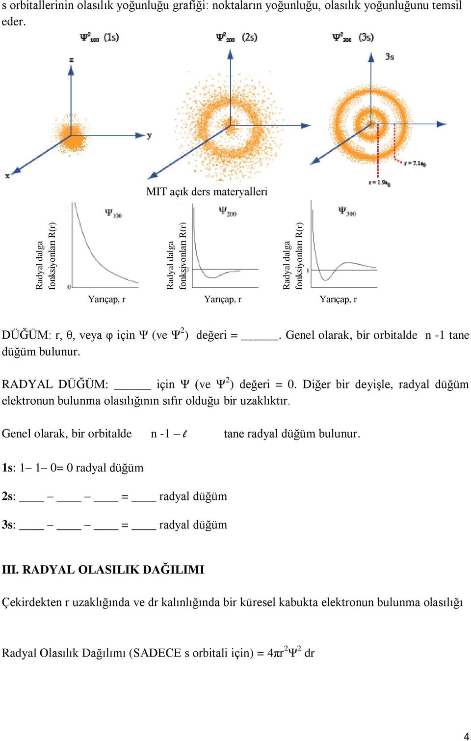 Diğer bir deyişle, radyal düğüm elektronun bulunma olasılığının sıfır olduğu bir uzaklıktır. Genel olarak, bir orbitalde n -1 l tane radyal düğüm bulunur.