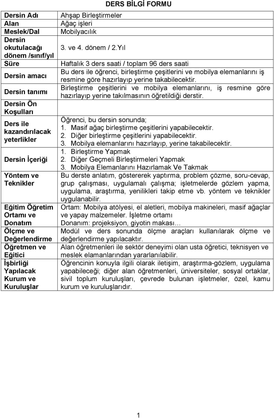 Yıl DERS BİLGİ FORMU Haftalık 3 ders saati / toplam 96 ders saati Bu ders ile öğrenci, birleştirme çeşitlerini ve mobilya elemanlarını iş resmine göre hazırlayıp yerine takabilecektir.