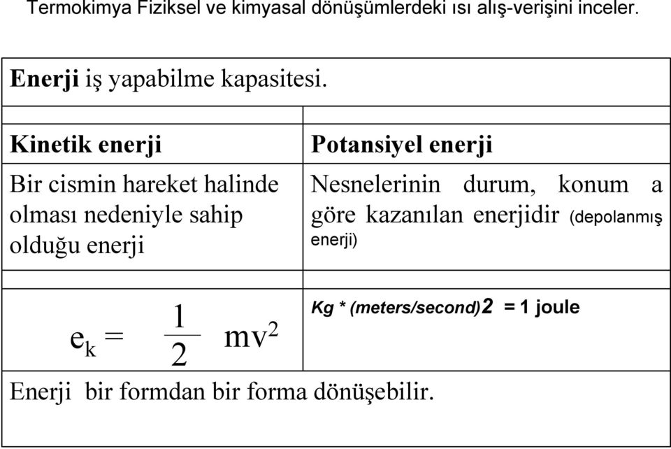 Kinetik enerji Bir cismin hareket halinde olması nedeniyle sahip olduğu enerji Potansiyel