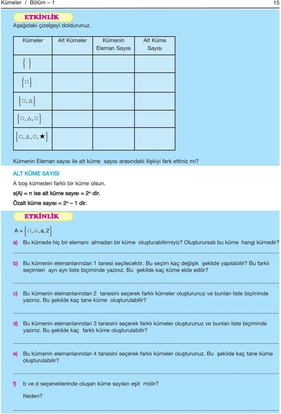 ALT KÜME SAYISI A boş kümeden farklı bir küme olsun. s(a) = n ise alt küme sayısı = 2 n dir. Özalt küme sayısı = 2 n 1 dir.