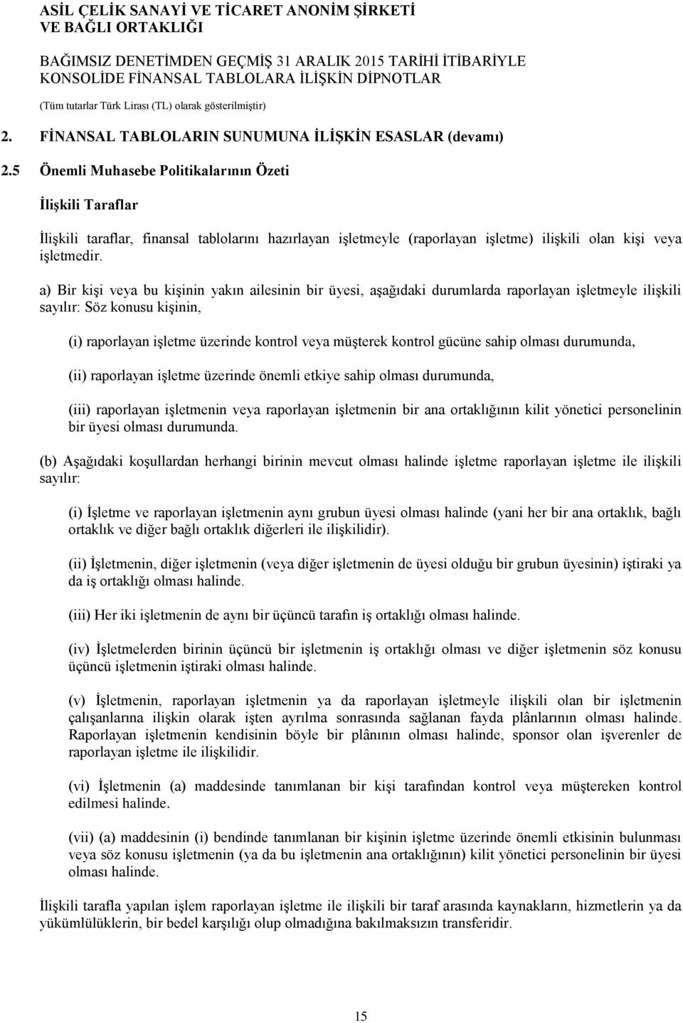 a) Bir kişi veya bu kişinin yakın ailesinin bir üyesi, aşağıdaki durumlarda raporlayan işletmeyle ilişkili sayılır: Söz konusu kişinin, (i) raporlayan işletme üzerinde kontrol veya müşterek kontrol