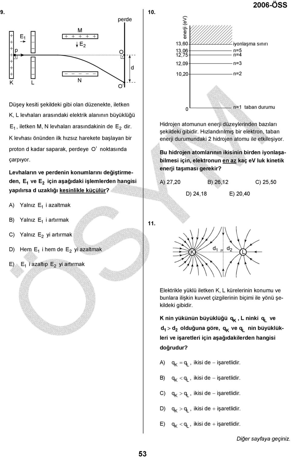 arasındakinin de E dir. levhası önünden ilk hızsız harekete başlayan bir proton d kadar saparak, perdeye çarpıyor.