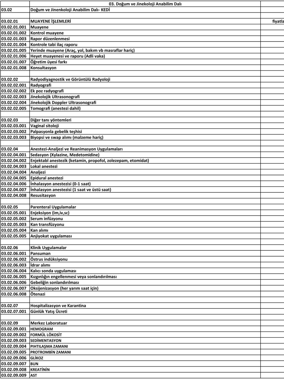 02.02 Radyodiyagnostik ve Görüntülü Radyoloji 03.02.02.001 Radyografi 03.02.02.002 Ek poz radyografi 03.02.02.003 Jinekolojik Ultrasonografi 03.02.02.004 Jinekolojik Doppler Ultrasonografi 03.02.02.005 Tomografi (anestezi dahil) 2 03.