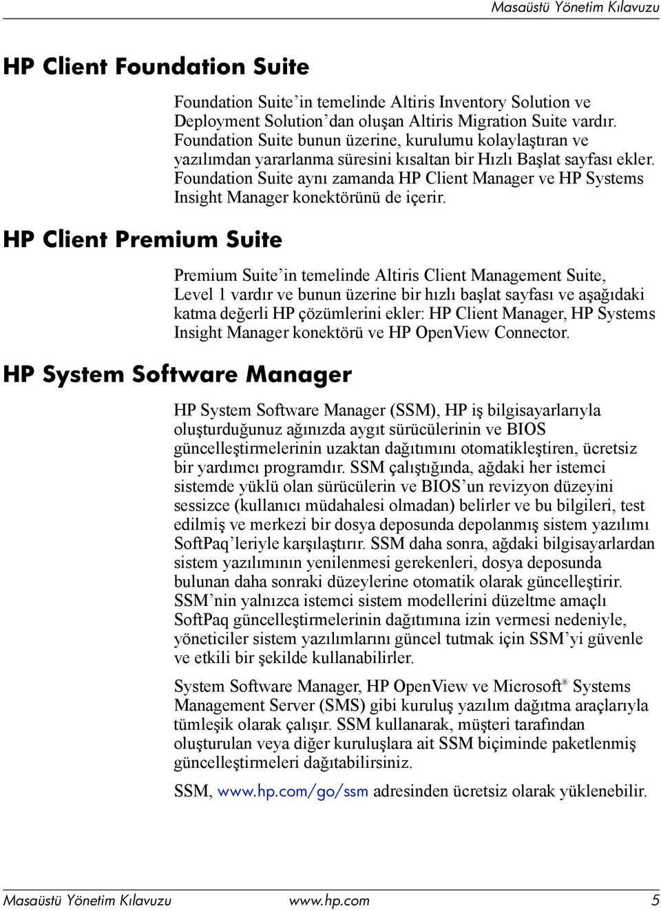 Foundation Suite aynõ zamanda HP Client Manager ve HP Systems Insight Manager konektörünü de içerir.