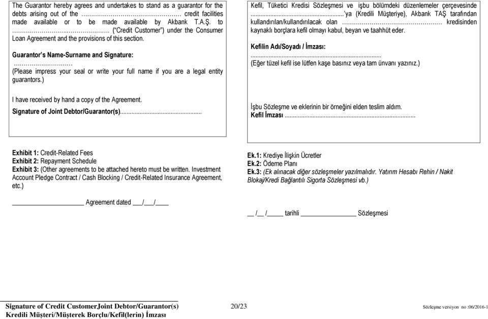 Signature of Joint Debtor/Guarantor(s)... Kefil, Tüketici Kredisi Sözleşmesi ve işbu bölümdeki düzenlemeler çerçevesinde.