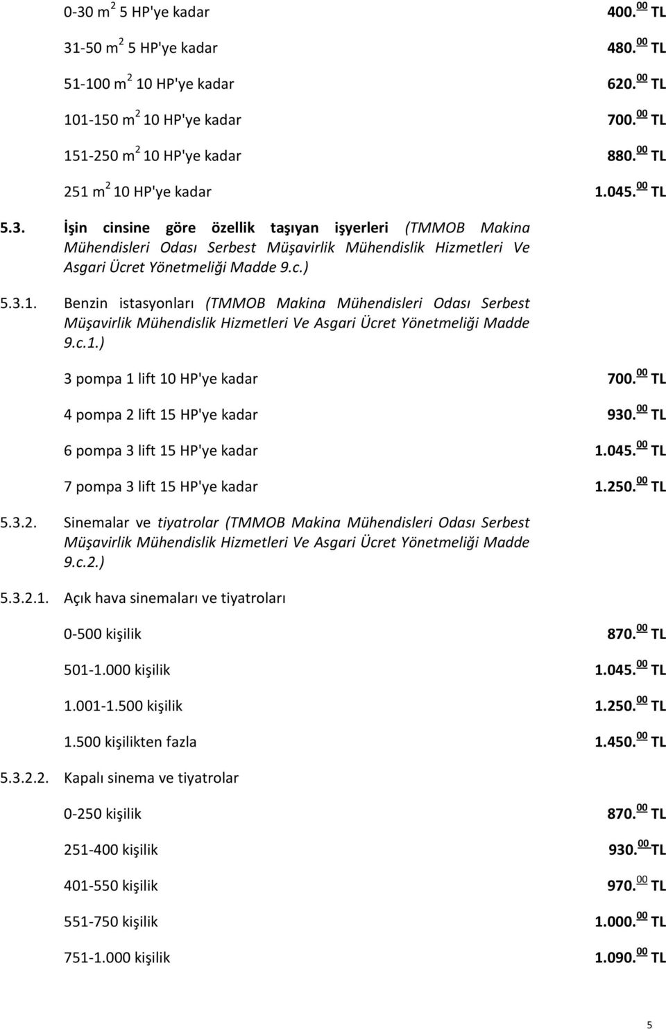 c.1.) 3 pompa 1 lift 10 HP'ye kadar 700. 00 TL 4 pompa 2 lift 15 HP'ye kadar 930. 00 TL 6 pompa 3 lift 15 HP'ye kadar 1.045. 00 TL 7 pompa 3 lift 15 HP'ye kadar 1.250. 00 TL 5.3.2. Sinemalar ve tiyatrolar (TMMOB Makina Mühendisleri Odası Serbest 9.
